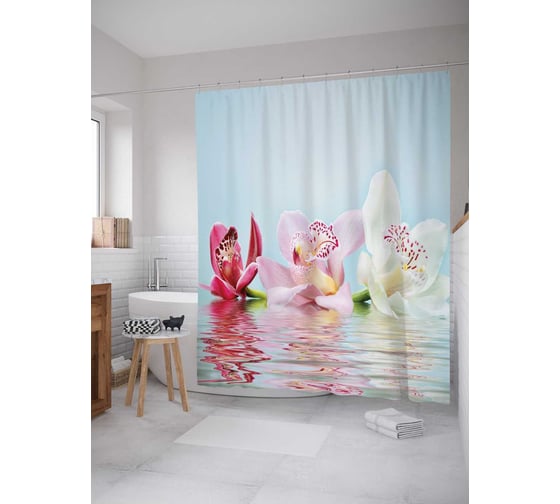 Штора (занавеска) для ванной JoyArty "Плавающие цветы" из сатена, 180х200 см с крючками, sc_2602 1