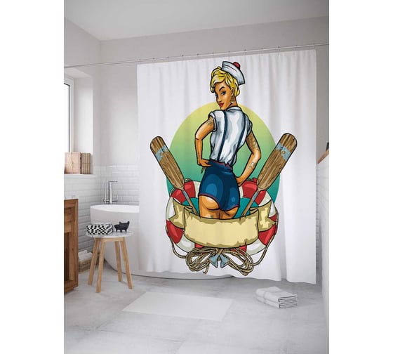 Штора (занавеска) для ванной JoyArty "Соблазнительная морячка" из сатена, 180х200 см с крючками, sc_19091 1