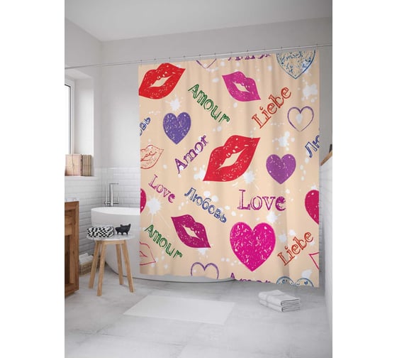 Штора (занавеска) для ванной JoyArty "Любовь на разных языках" из сатена, 180х200 см с крючками, sc_2920 1