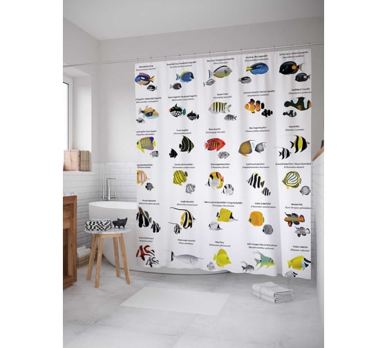 Штора (занавеска) для ванной JoyArty "Виды экзотических рыб" из сатена, 180х200 см с крючками, sc_14605 1