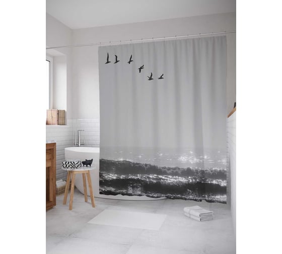Штора (занавеска) для ванной JoyArty "Волнистый полет" из сатена, 180х200 см с крючками, sc_16698 1