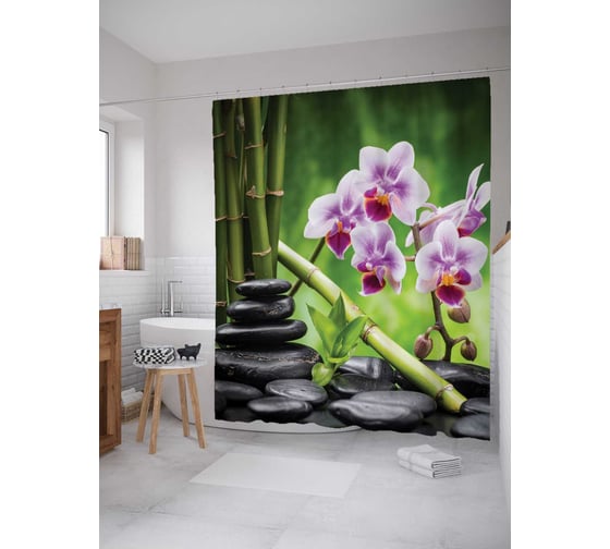 Штора (занавеска) для ванной JoyArty "Бамбук и цветы" из сатена, 180х200 см с крючками, sc_2604 1