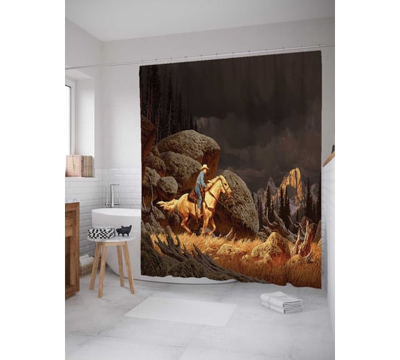 Штора (занавеска) для ванной JoyArty "Ковбой в лесу" из сатена, 180х200 см с крючками, sc_13990 1