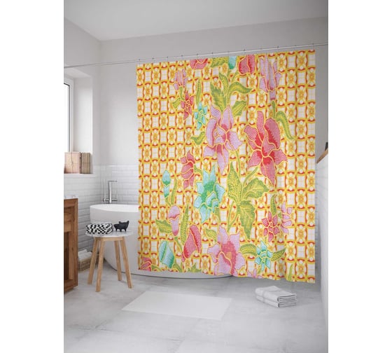 Штора (занавеска) для ванной JoyArty "Цветочное возникновение" из сатена, 180х200 см с крючками, sc_16933 1