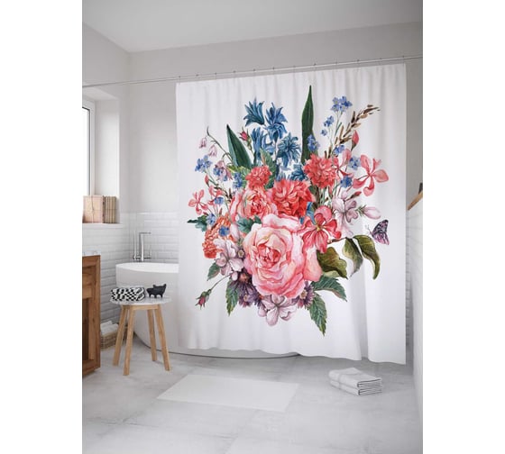 Штора (занавеска) для ванной JoyArty "Букет с бабочкой" из сатена, 180х200 см с крючками, sc_26529 1