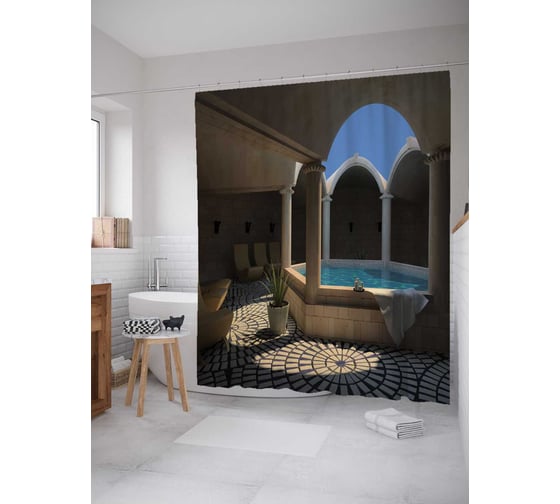 Штора (занавеска) для ванной JoyArty "Бассейн под крышей" из сатена, 180х200 см с крючками, sc_16509