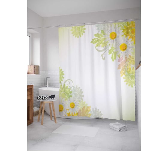 Штора (занавеска) для ванной JoyArty "Ромашки" из сатена, 180х200 см с крючками, sc_26489 1