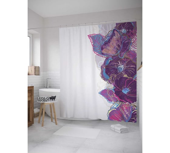Штора (занавеска) для ванной JoyArty "Цветы в штрихах" из сатена, 180х200 см с крючками, sc_28363 1