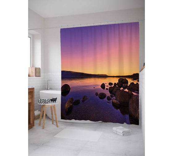 Штора (занавеска) для ванной JoyArty "Камни на рассвете" из сатена, 180х200 см с крючками, sc_28399 1