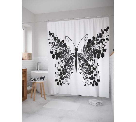 Штора (занавеска) для ванной JoyArty "Растительная бабочка" из сатена, 180х200 см с крючками, sc_2901 1