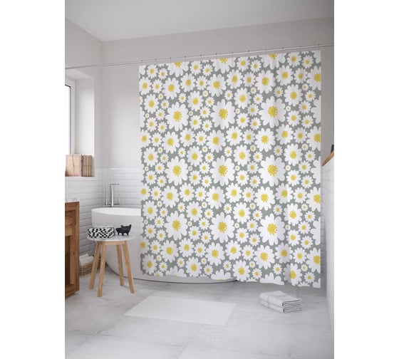 Штора (занавеска) для ванной JoyArty "Ромашковый мир" из сатена, 180х200 см с крючками, sc_29030