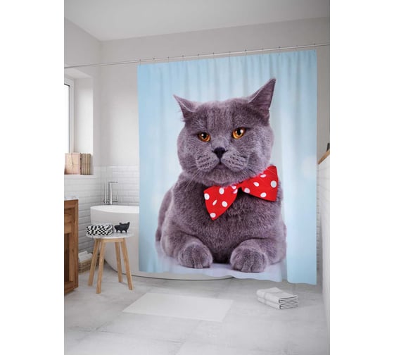 Штора (занавеска) для ванной JoyArty "Серый Тема Шотландская Вислоухая" из сатена, 180х200 см с крючками, sc_2735 1