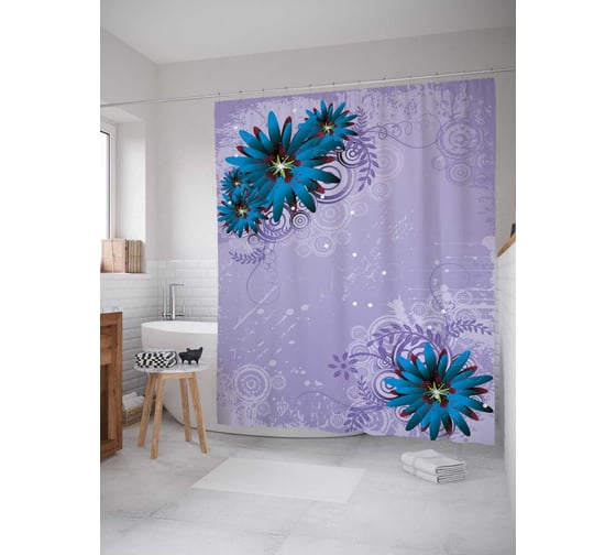 Штора (занавеска) для ванной JoyArty "Синие цветы" из сатена, 180х200 см с крючками, sc_29358 1