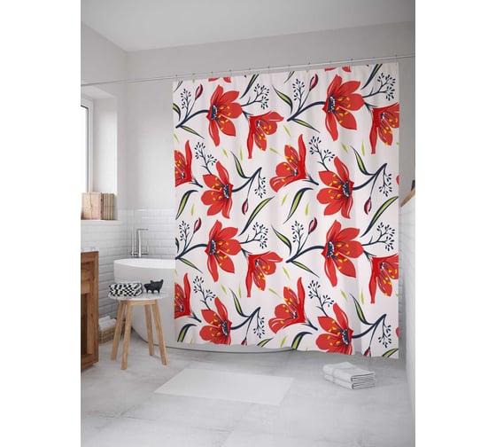 Штора (занавеска) для ванной JoyArty "Красивые маки" из сатена, 180х200 см с крючками, sc_29420