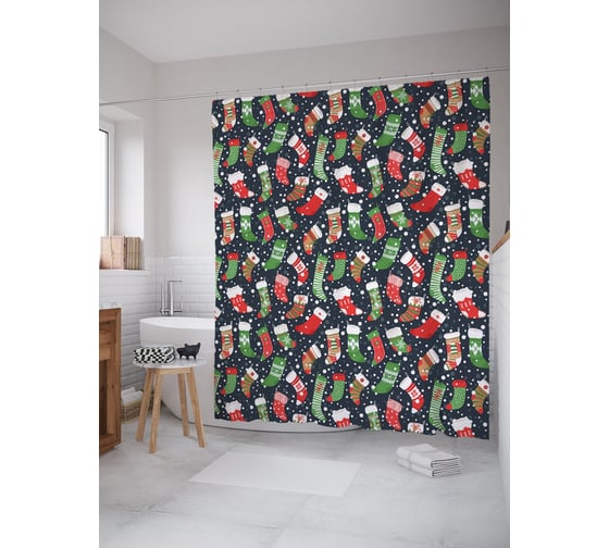 Штора (занавеска) для ванной JoyArty "Носочки для праздничных сладостей" из сатена, 180х200 см с крючками, sc_290632 1