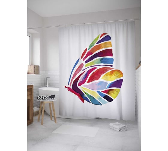 Штора (занавеска) для ванной JoyArty "Радужная бабочка" из сатена, 180х200 см с крючками, sc_27941 1