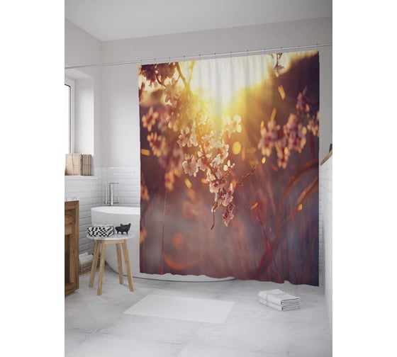 Штора (занавеска) для ванной JoyArty "Луч сквозь цветущие ветви" из сатена, 180х200 см с крючками, sc_28340 1