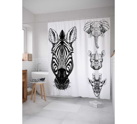 Штора (занавеска) для ванной JoyArty "Эскиз животных" из сатена, 180х200 см с крючками, sc_29330 1