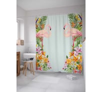 Штора (занавеска) для ванной JoyArty "Фламинго в цветах" из сатена, 180х200 см с крючками, sc_29461