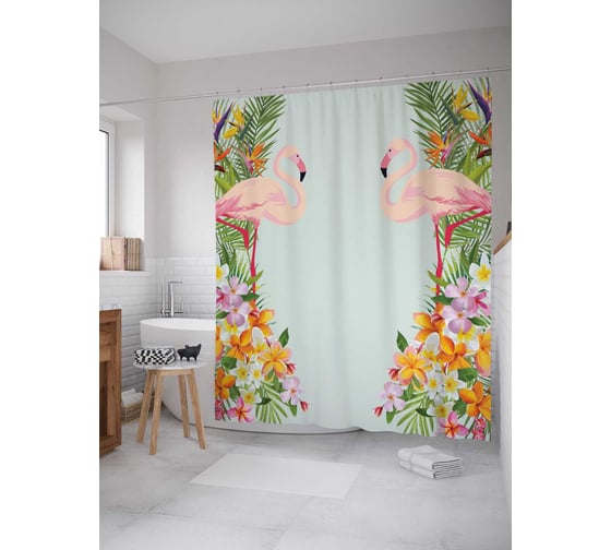 Штора (занавеска) для ванной JoyArty "Фламинго в цветах" из сатена, 180х200 см с крючками, sc_29461 1