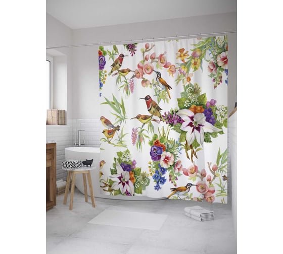Штора (занавеска) для ванной JoyArty "Композиции цветов и птичек" из сатена, 180х200 см с крючками, sc_28152 1