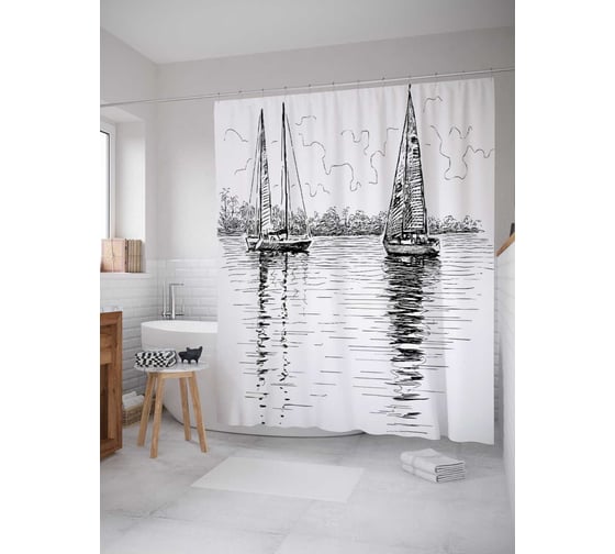 Штора (занавеска) для ванной JoyArty "Графические парусники" из сатена, 180х200 см с крючками, sc_2871 1