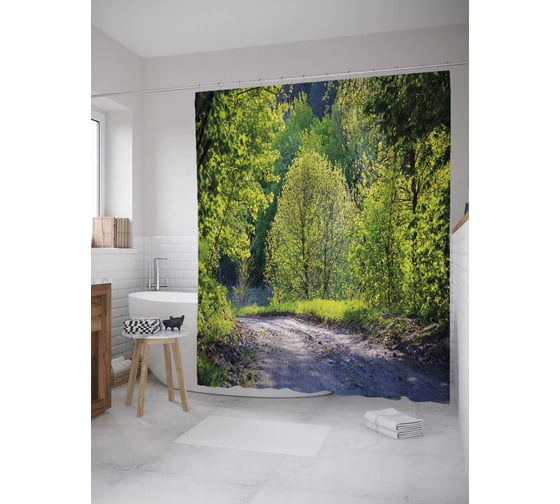 Штора (занавеска) для ванной JoyArty "Дорога в лиственном лесу" из сатена, 180х200 см с крючками, sc_27881 1