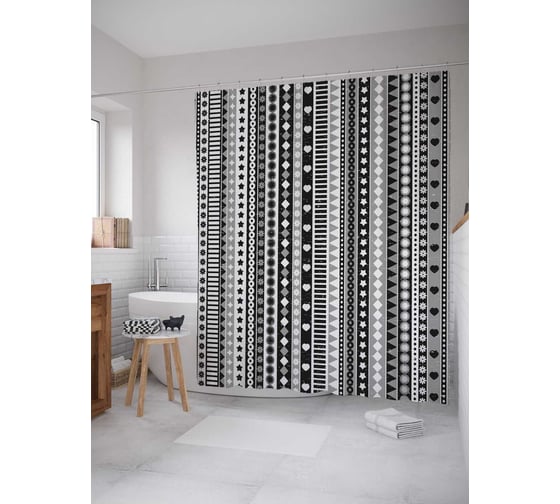 Штора (занавеска) для ванной JoyArty "Серые полосы" из сатена, 180х200 см с крючками, sc_29418 1