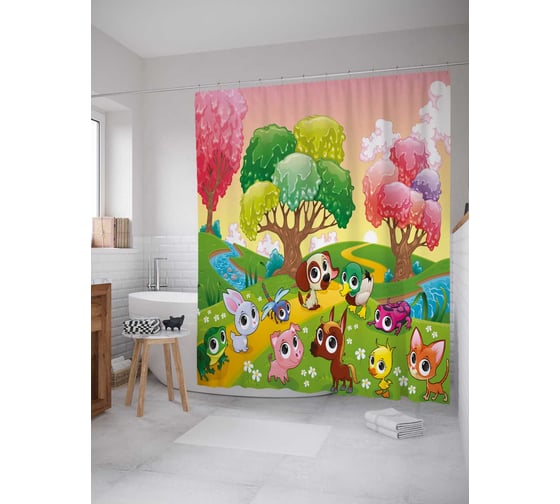 Штора (занавеска) для ванной JoyArty "Любопытные зверушки" из сатена, 180х200 см с крючками, sc_29515 1