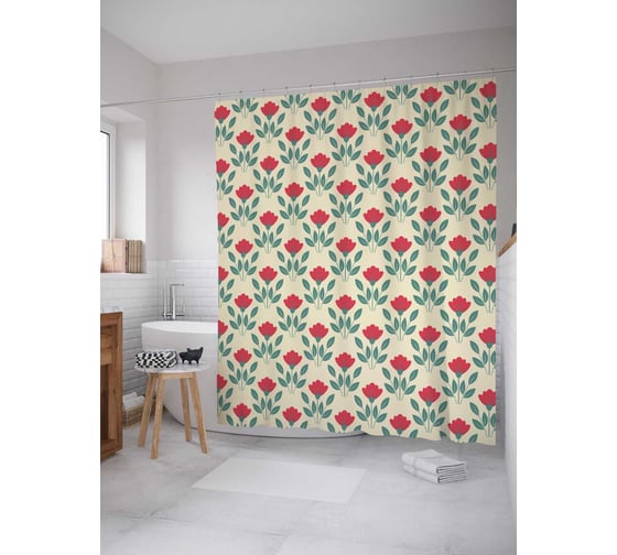 Штора (занавеска) для ванной JoyArty "Цветущий орнамент" из сатена, 180х200 см с крючками, sc_28939 1