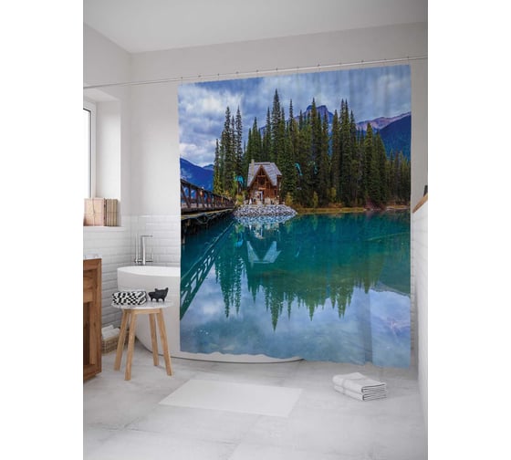 Штора (занавеска) для ванной JoyArty "Домик у моста" из сатена, 180х200 см с крючками, sc_29242 1