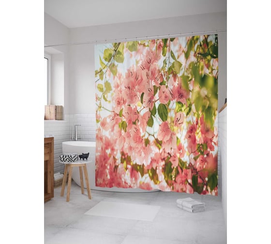 Штора (занавеска) для ванной JoyArty "Нежное цветение сакуры" из сатена, 180х200 см с крючками, sc_29323 1