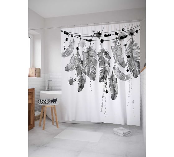 Штора (занавеска) для ванной JoyArty "Комплект перьев" из сатена, 180х200 см с крючками, sc_20229 1