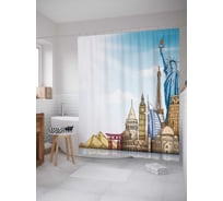 Штора (занавеска) для ванной JoyArty "Мировые достопримечательности" из сатена, 180х200 см с крючками, sc_29376