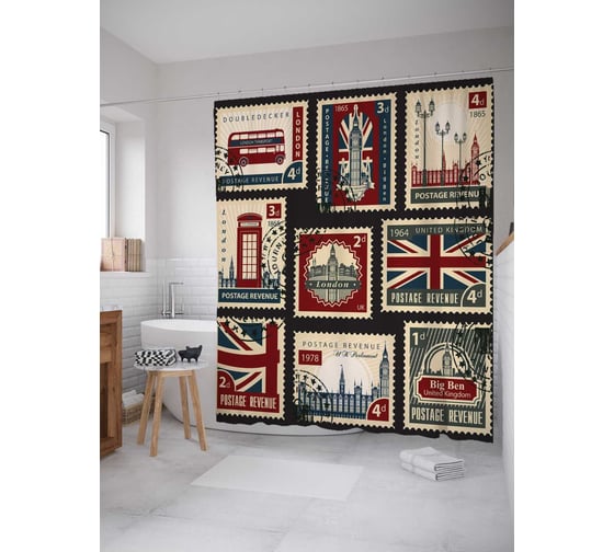 Штора (занавеска) для ванной JoyArty "Английские марки" из сатена, 180х200 см с крючками, sc_2855 1