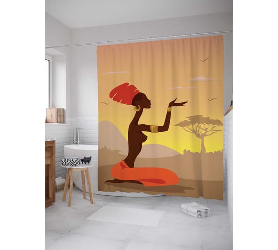 Штора (занавеска) для ванной JoyArty "Африканские мечты" из сатена, 180х200 см с крючками, sc_23259 1