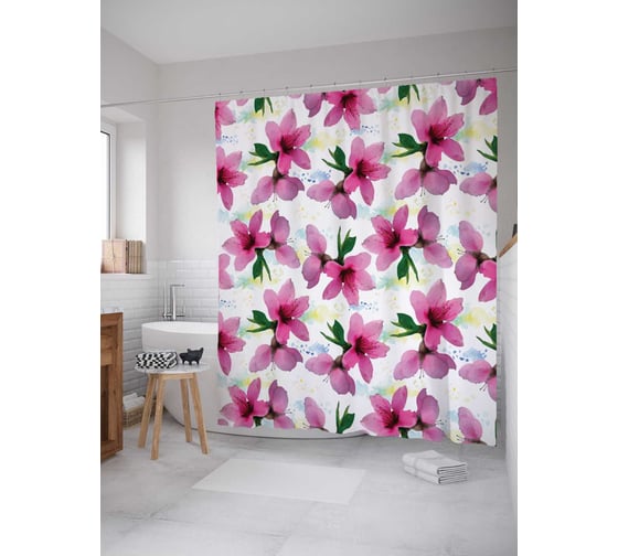 Штора (занавеска) для ванной JoyArty "Цветочки с ветки" из сатена, 180х200 см с крючками, sc_29138 1