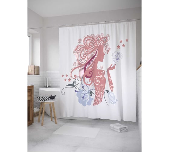 Штора (занавеска) для ванной JoyArty "Девушка с локонами" из сатена, 180х200 см с крючками, sc_28039 1