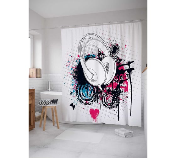 Штора (занавеска) для ванной JoyArty "Арт наушники" из сатена, 180х200 см с крючками, sc_29143 1