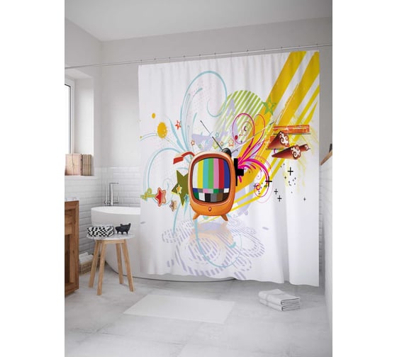 Штора (занавеска) для ванной JoyArty "Ретровидение" из сатена, 180х200 см с крючками, sc_29072 1