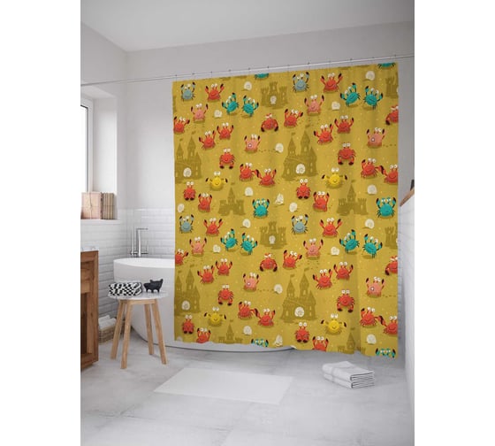 Штора (занавеска) для ванной JoyArty "Приветливые крабы" из сатена, 180х200 см с крючками, sc_27227 1