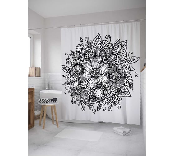 Штора (занавеска) для ванной JoyArty "Монохромный букет дудл" из сатена, 180х200 см с крючками, sc_28878 1