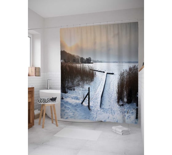 Штора (занавеска) для ванной JoyArty "Заснеженный мостик" из сатена, 180х200 см с крючками, sc_29217