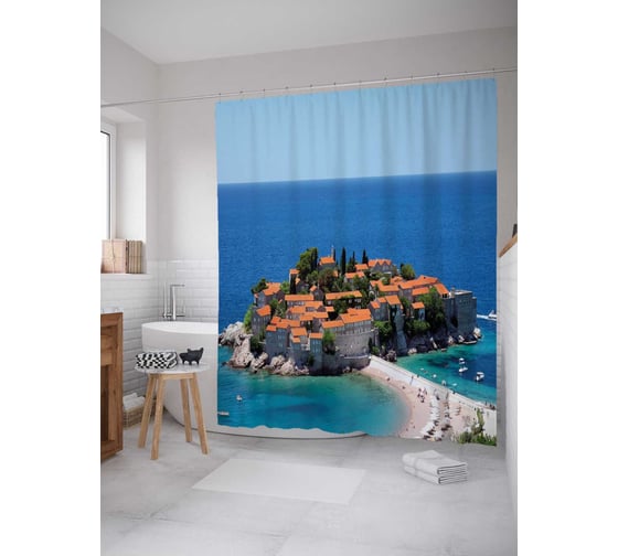 Штора (занавеска) для ванной JoyArty "Святой Стефан в Черногории" из сатена, 180х200 см с крючками, sc_28397 1