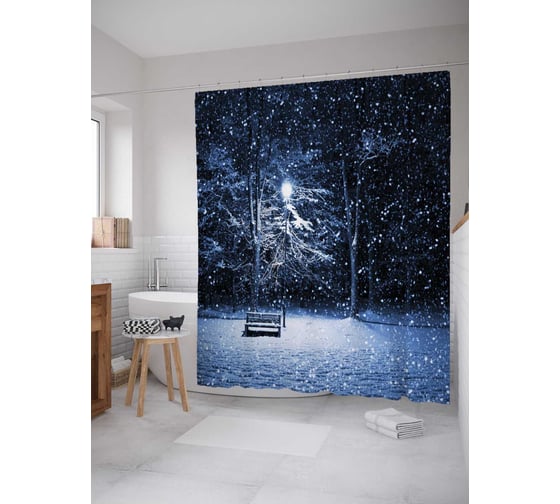 Штора (занавеска) для ванной JoyArty "Зимняя скамейка" из сатена, 180х200 см с крючками, sc_29186 1