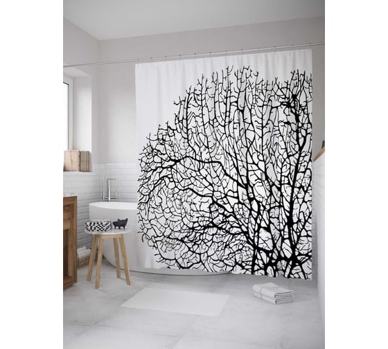 Штора (занавеска) для ванной JoyArty "Очертания веток" из сатена, 180х200 см с крючками, sc_28070