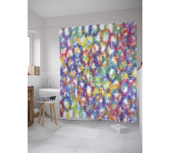 Штора (занавеска) для ванной JoyArty "Цветной фейерверк" из сатена, 180х200 см с крючками, sc_28356
