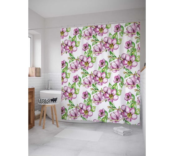 Штора (занавеска) для ванной JoyArty "Букеты сакуры" из сатена, 180х200 см с крючками, sc_29298 1