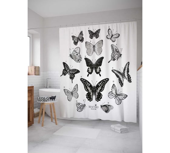 Штора (занавеска) для ванной JoyArty "Силуэты бабочек" из сатена, 180х200 см с крючками, sc_29411 1
