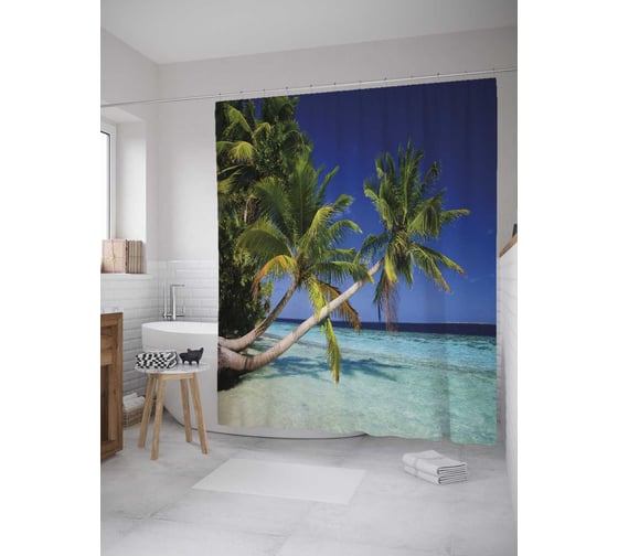 Штора (занавеска) для ванной JoyArty "Остров любви" из сатена, 180х200 см с крючками, sc_28092 1